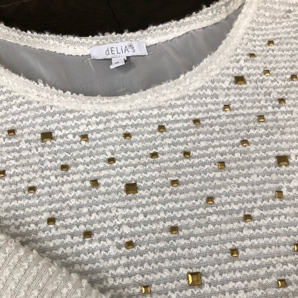White crop top sweater with gold studs. - Picture 3 of 4